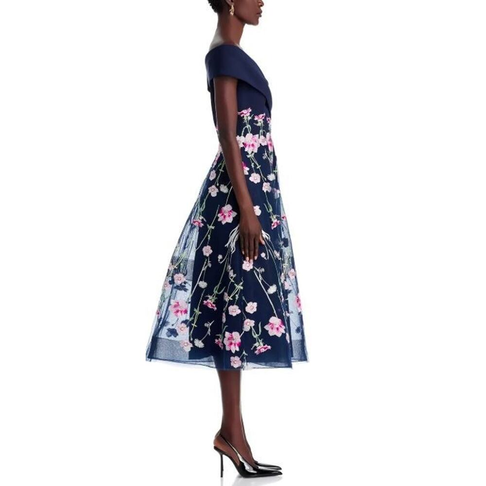 Teri Jon byRickie Freeman Crepe Off-the-Shoulder Embroidered Tulle Dress 10 $660 - Picture 4 of 11
